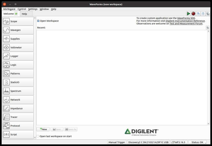 Analog Discover 2 - Waveforms Software showing a new workspace