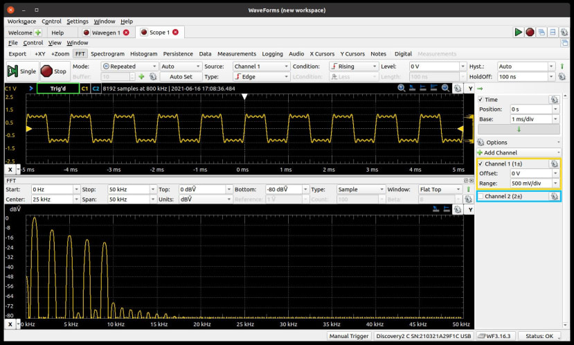 Analog Discover 2 - Waveforms Software - showing the base frequency and harmonics