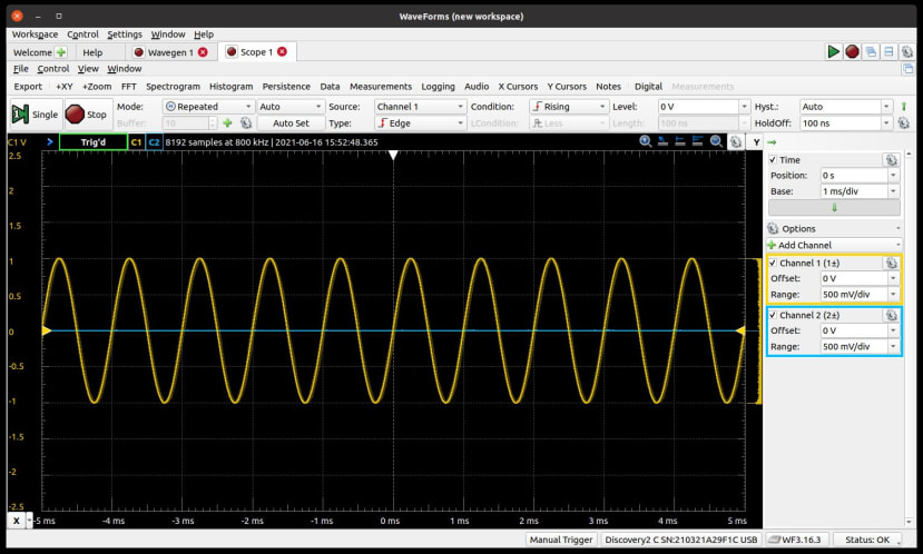 Analog Discover 2 - Waveforms Software - showing a 1kHz Sine wave