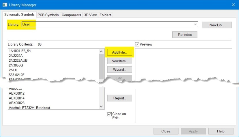 From the Library, pull-down options select your User library and then click on the “Add File” button.
