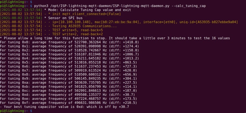 Screen showing the fine-tuning output for tuning capacitor value for the 500kHz antenna on the Thunder click module