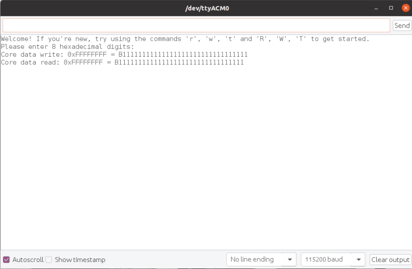 Screen shot of test the core using a serial monitor