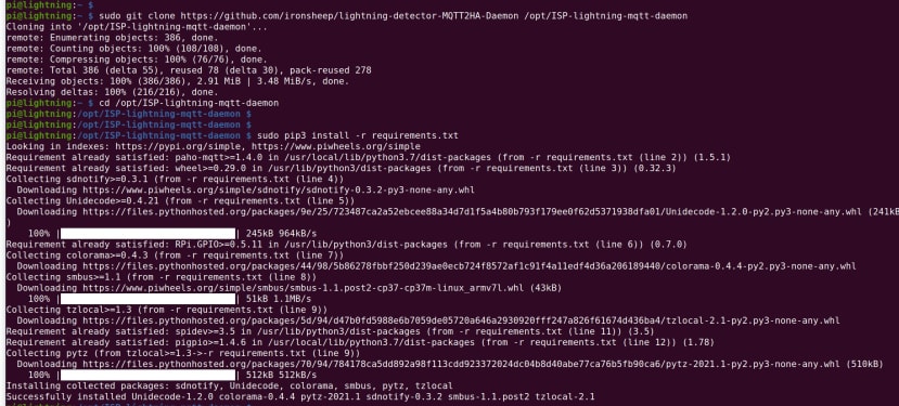 Screen showing installation of lightning-detector-MQTT2HA-daemon