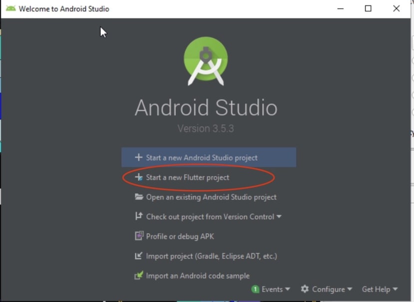 Welcome to Android Studio - Start a new Flutter project