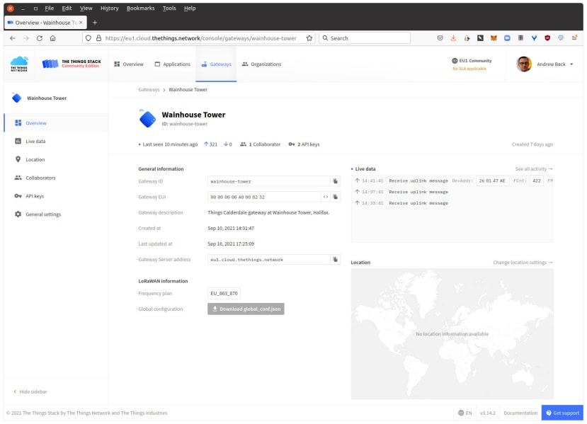 Screen showing web interface of the things network