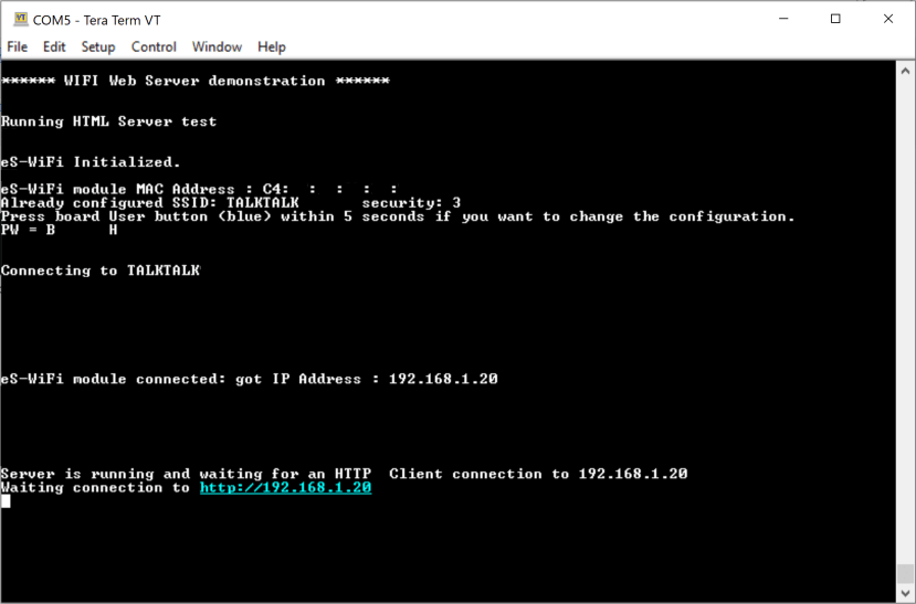 Terminal screen shot of the Wi-Fi Server demonstration