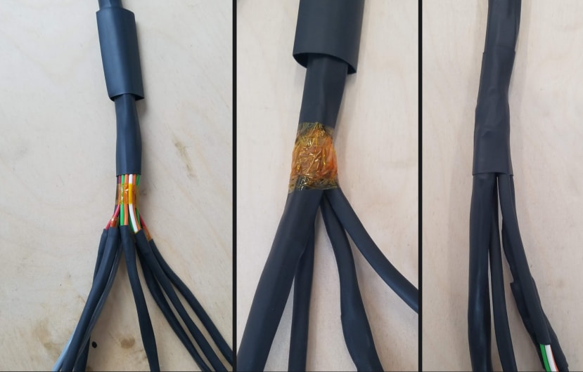 branches of wiring loom - with Kapton tape and heat shrink boot