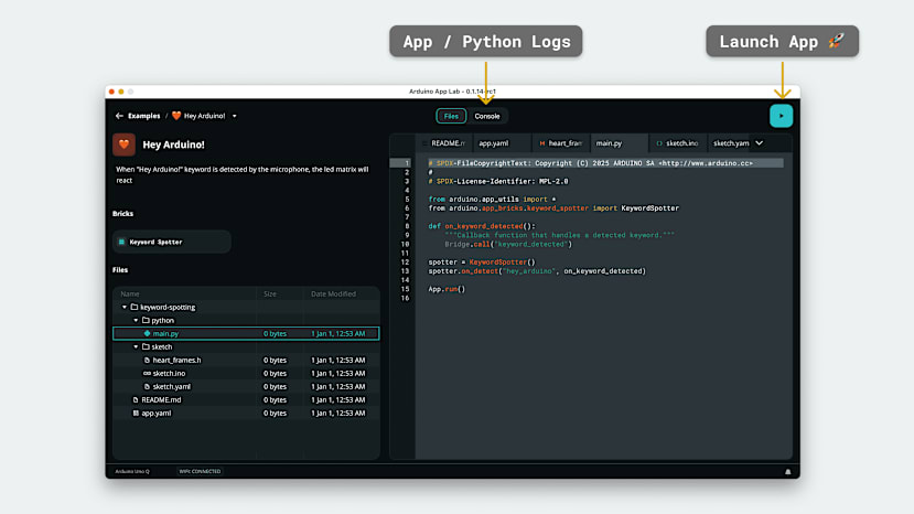 An example of creating and deploying apps in Arduino App Lab
