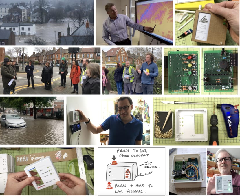 Montage of photos showing Floods interviews and the Flood Alert in construction