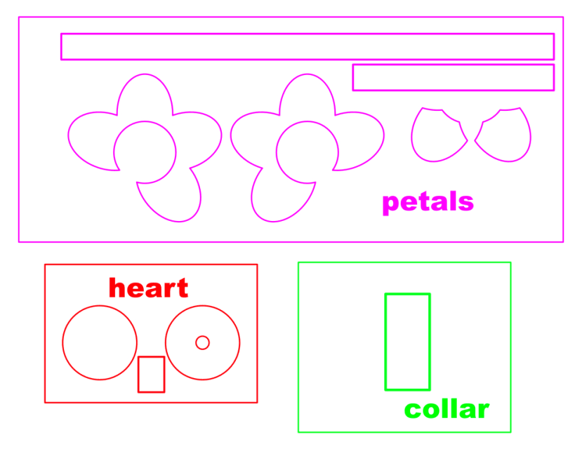 An image showing 3 rectangles containing pieces of the pattern. The pieces making up the petals are purple, the pieces making up the heart of the flower are red, and the collar piece is green.