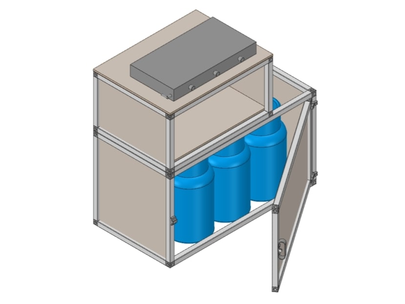 Model of kitchen unit frame with wooden cladding and door components