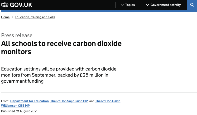 GOV.UK Press Release on schools receiving Carbon dioxide monitors