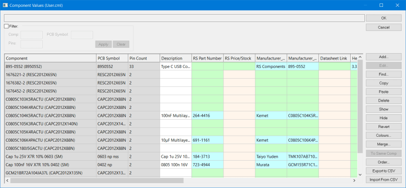 Table showing components in selected library