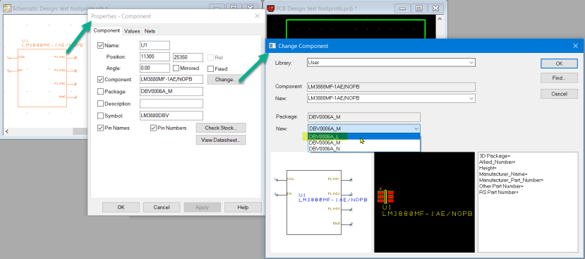 Select component on the schematic and se change package most to lease