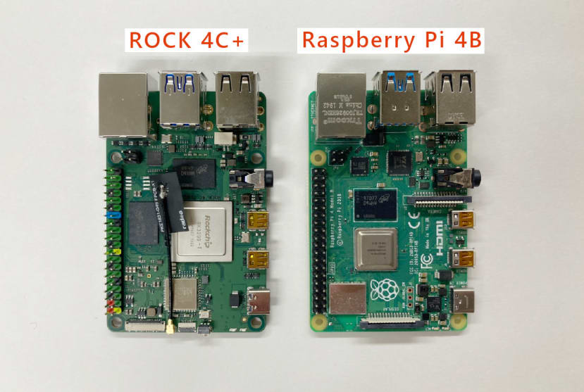 ROCK4C+のサイズ感。RaspberryPi4Bとの比較。