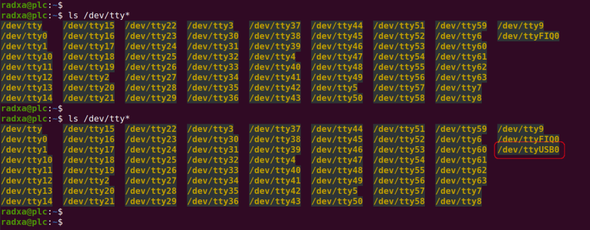 Comparing tty directory, before and after plugging in Rock