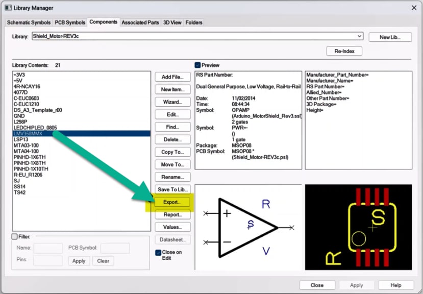 export in the Library Manager Components tab