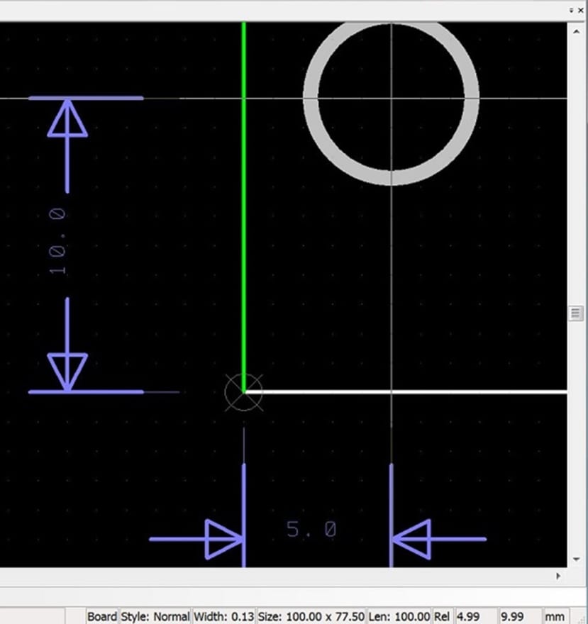 dimensions lines placed to show the location of the hole from the board corner