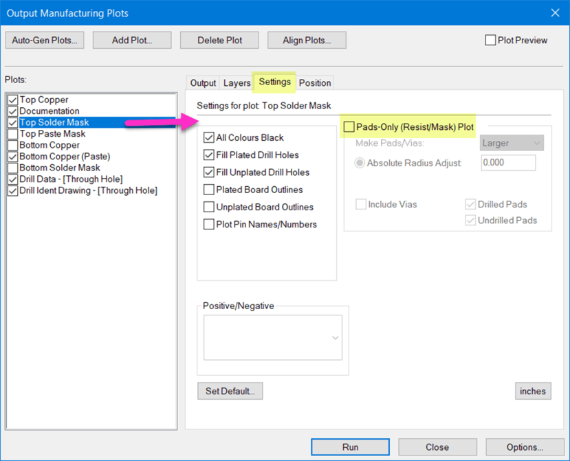 Output Manufacturing Plot options