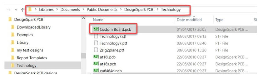 Windows file manager - DesignSpark PCB Technology folder