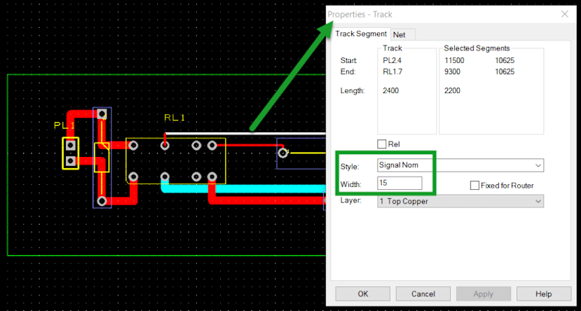 Properties showing Track Widths - Signal