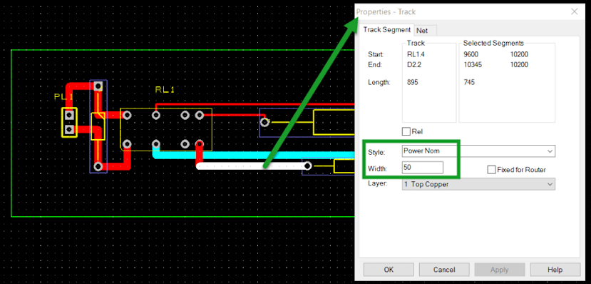 Properties showing Track Widths - Power
