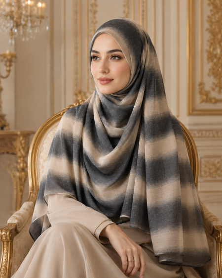 Moroccan Mist Lawn Hijab – Charcoal & Beige view 2