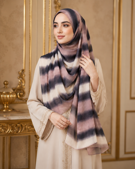 Moroccan Rose Mist Lawn Hijab – Blush, Charcoal & Ivory view 1
