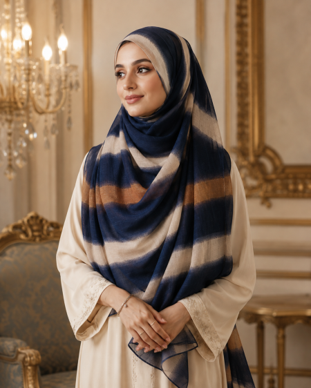 Moroccan Midnight Blue Lawn Hijab – Navy, Ivory & Camel view 1