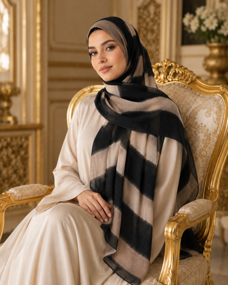 Moroccan Noir Luxe Lawn Hijab – Black & Beige view 2