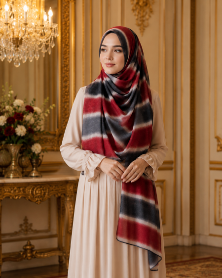 Moroccan Ruby Luxe Lawn Hijab – Burgundy, Charcoal & Cream view 1