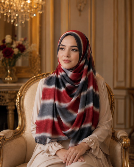Moroccan Ruby Luxe Lawn Hijab – Burgundy, Charcoal & Cream view 2