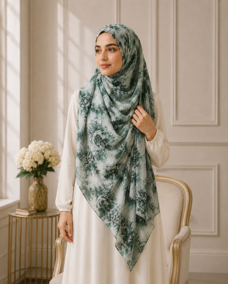 Sage Bloom Luxe Printed Lawn Hijab view 1