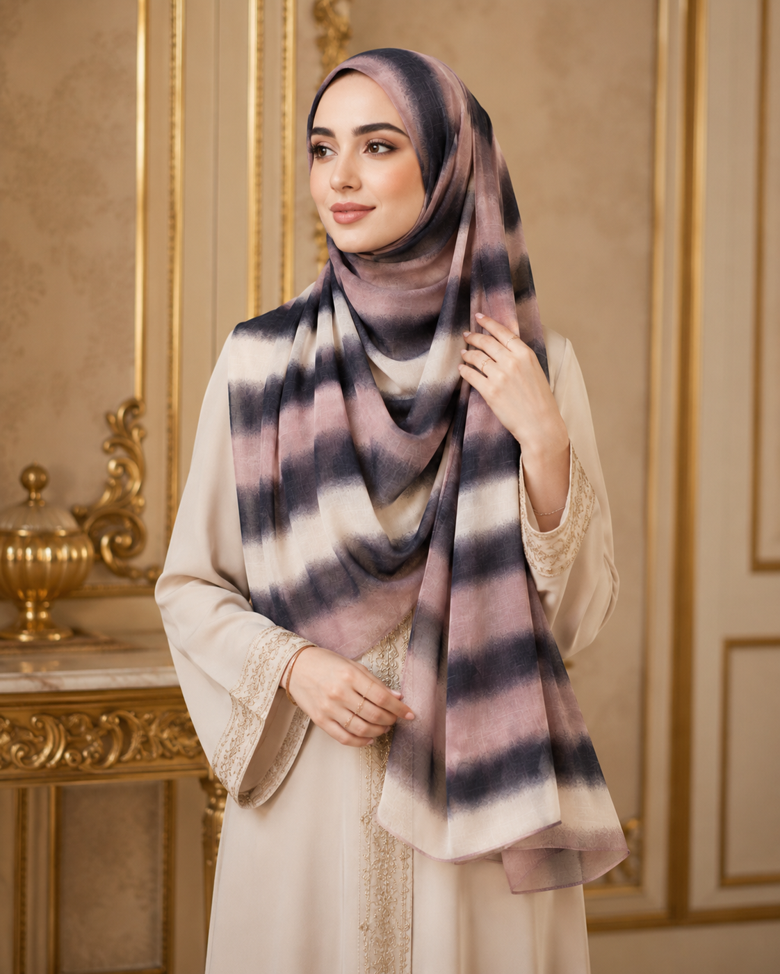 Moroccan Rose Mist Lawn Hijab – Blush, Charcoal & Ivory