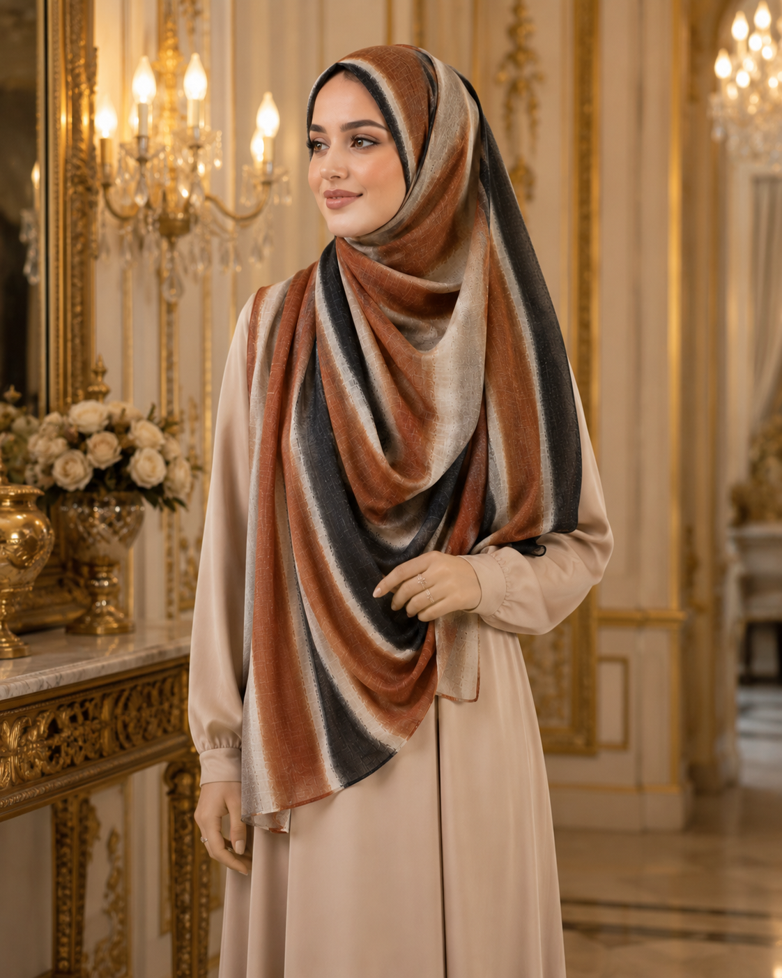 Moroccan Earth Luxe Lawn Hijab – Rust, Black & Beige