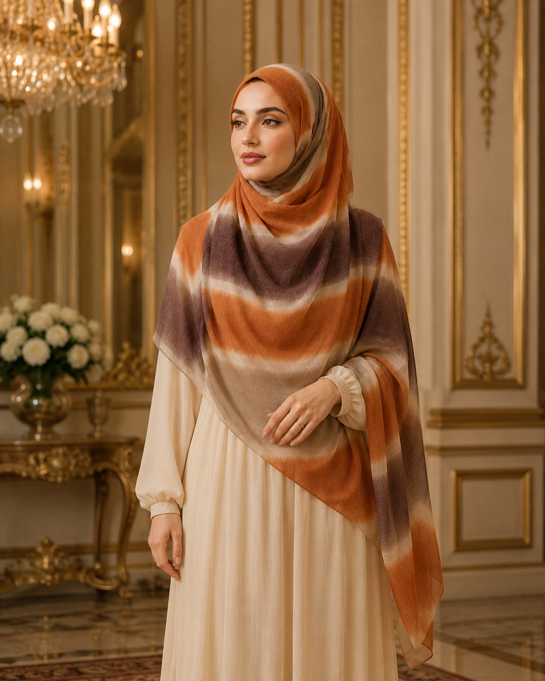 Moroccan Amber Bloom Lawn Hijab – Rust, Mocha & Ivory