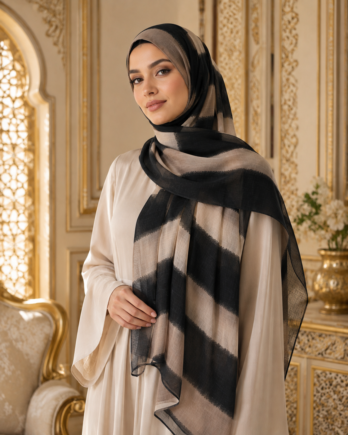 Moroccan Noir Luxe Lawn Hijab – Black & Beige
