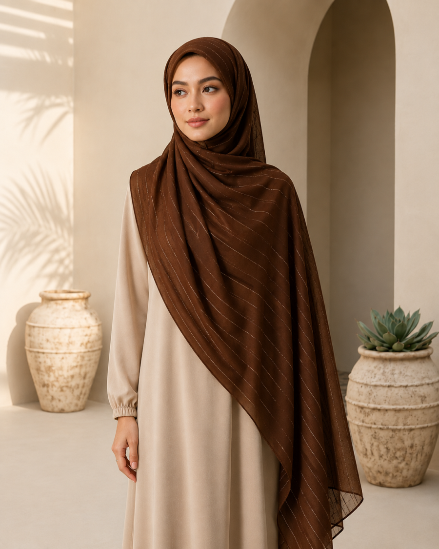 Zari Tilla Brown Lawn Hijab – Elegant Embroidered Finish