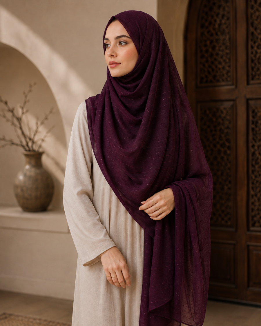 Deep Plum Zari Tilla Lawn Hijab