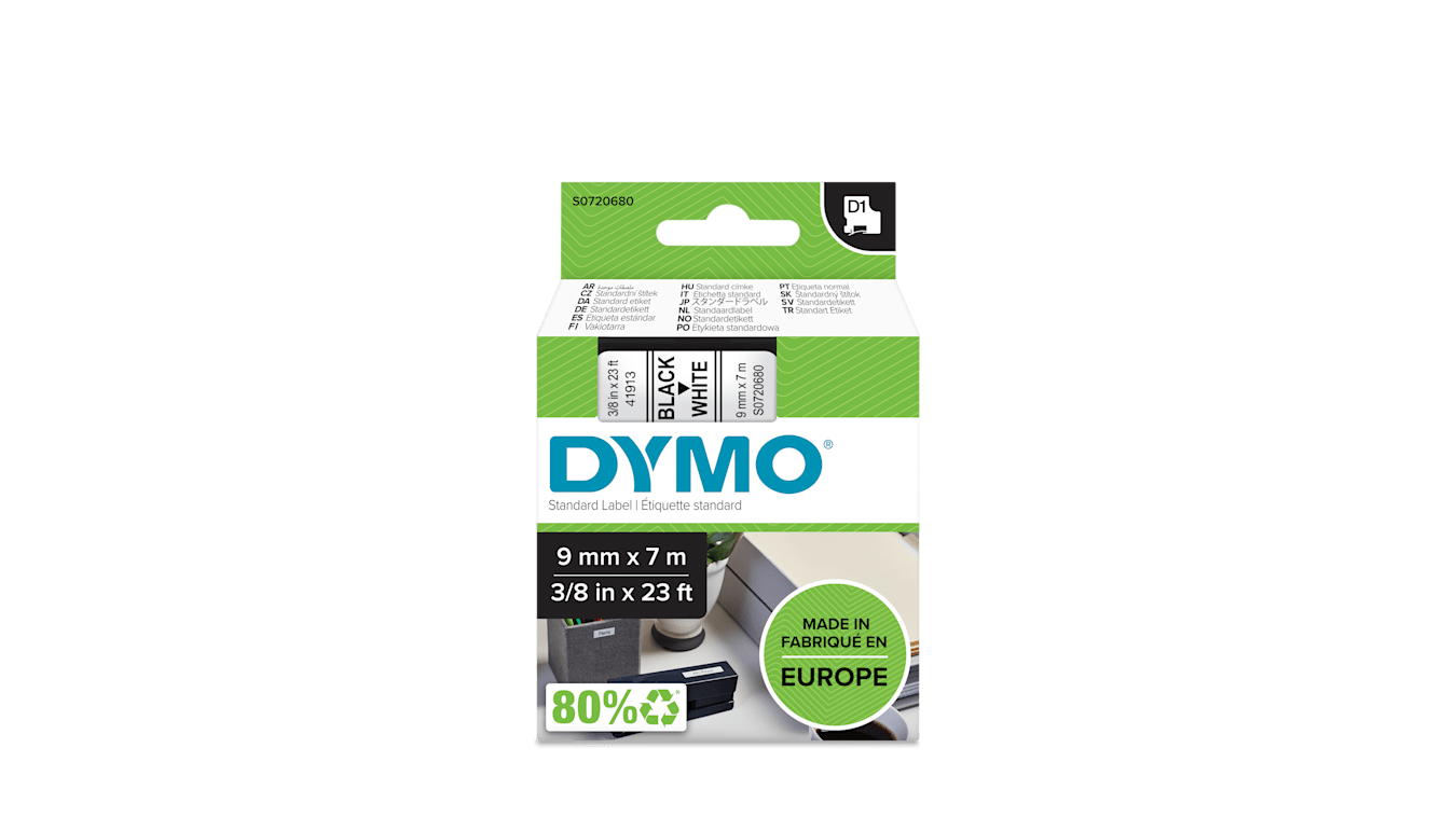 Dymo Black on White Label Printer Tape, 7 m Length, 9 mm Width