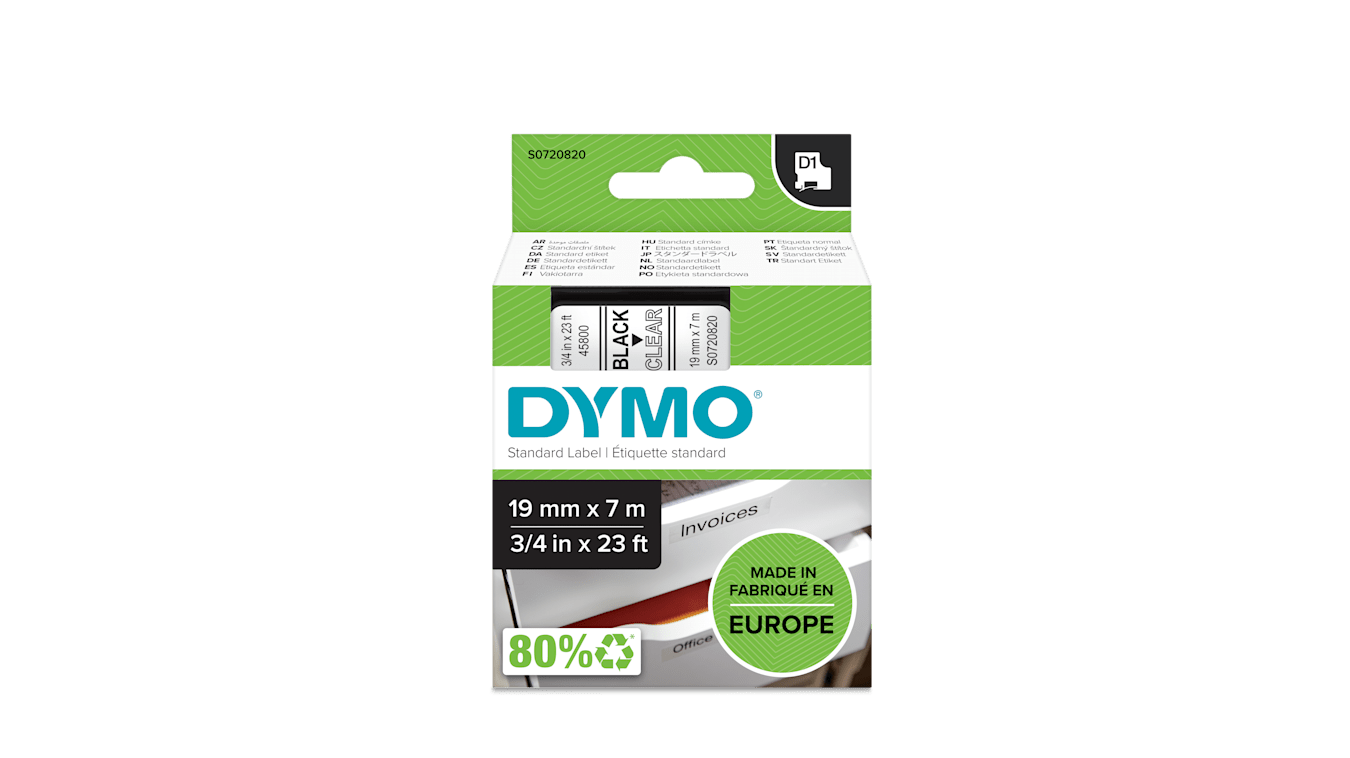 Dymo Black on Clear Label Printer Tape, 7 m Length, 19 mm Width