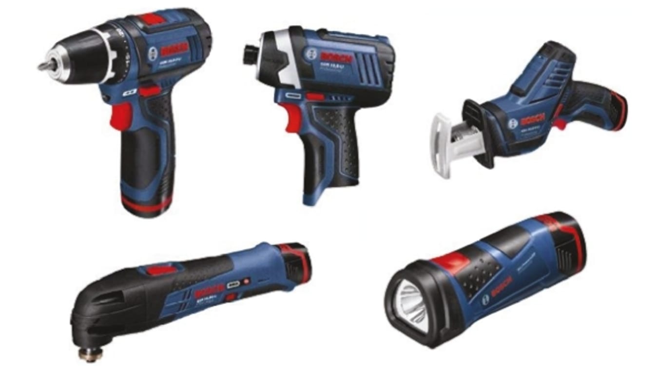 10.8 V-LI Kit Kit de 4 piezas herramientas electrónicas inalámbricas en miniatura Bosch 10.8V Autobloqueo, Enchufe Inglés | RS