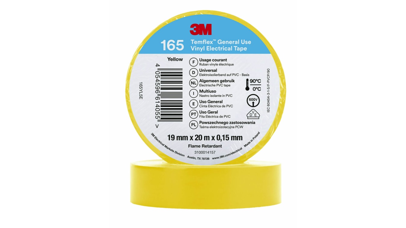 3M 165 yellow 19mm x 20m | Cinta aislante de Vinilo de color Amarillo, x 20m, grosor 0.152mm | RS