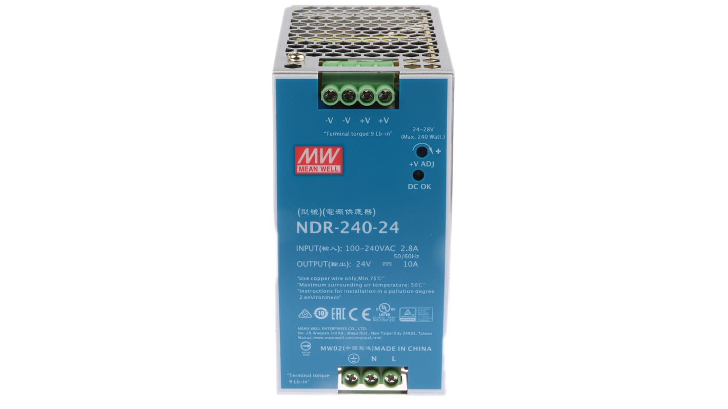 NDR-240-24 | Mean Well NDR Switch Mode DIN Rail Power Supply, 90 → 264V ...