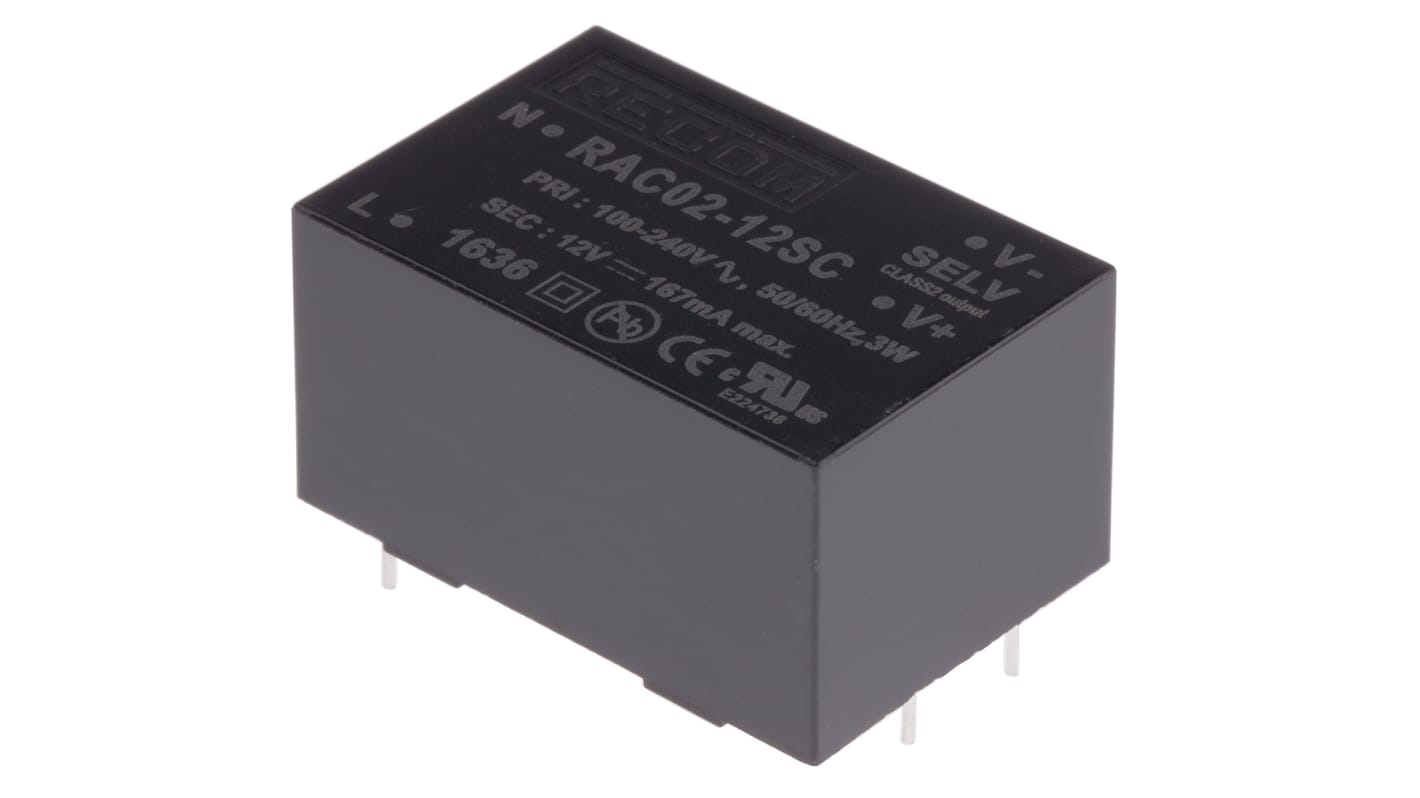 RAC02-12SC | Recom Switching Power Supply, 12V dc, 167mA, 2W, 1 Output | RS