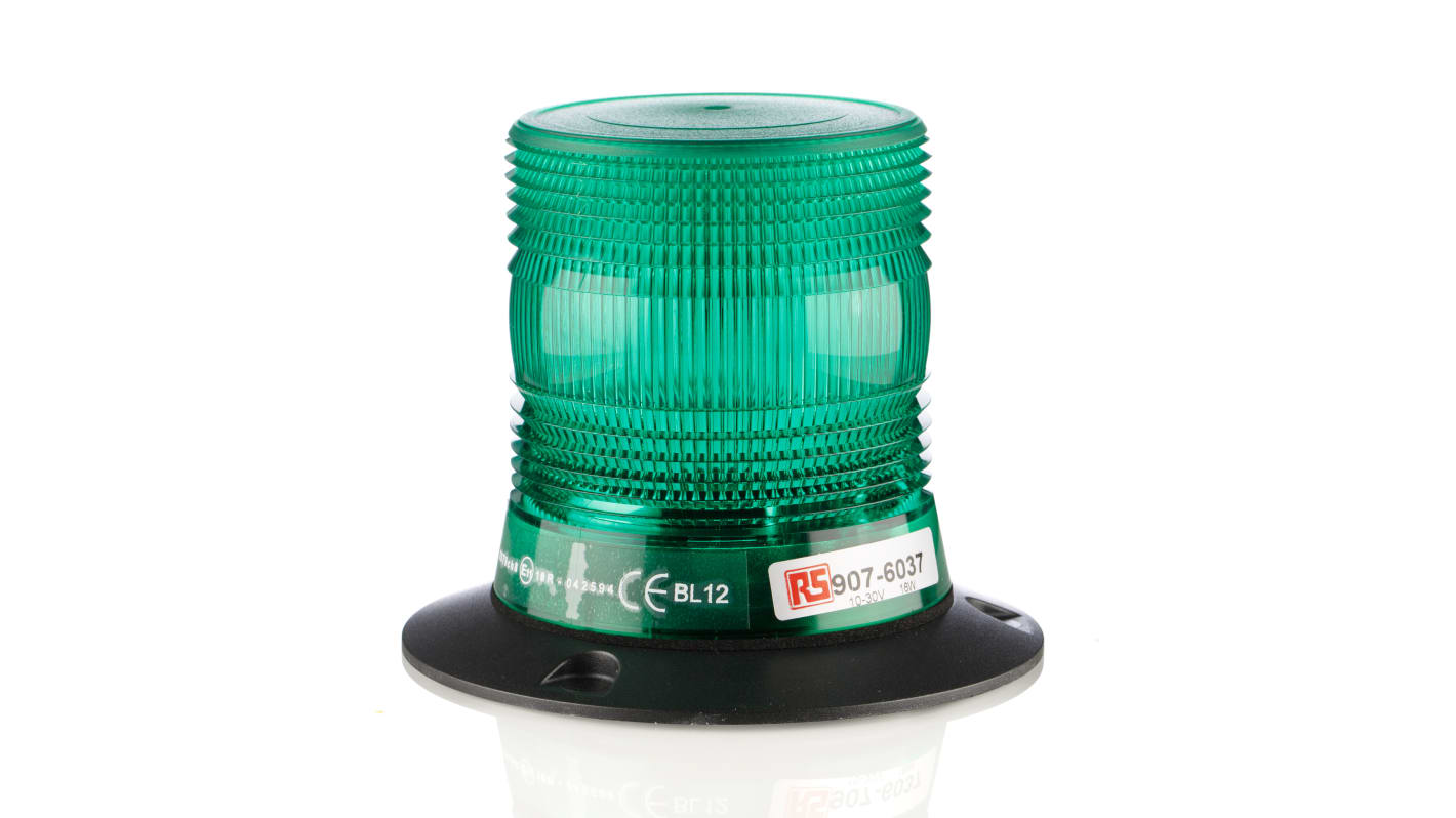 RS PRO Green Flashing Beacon, 10 → 100 V dc, Surface Mount, Wall Mount