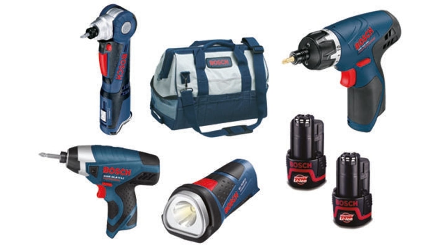 Kit de 4 piezas de herramientas Bosch 10.8V Powerkit, 1/4plg, 10.8V, Ion Litio, Conector macho británico | RS