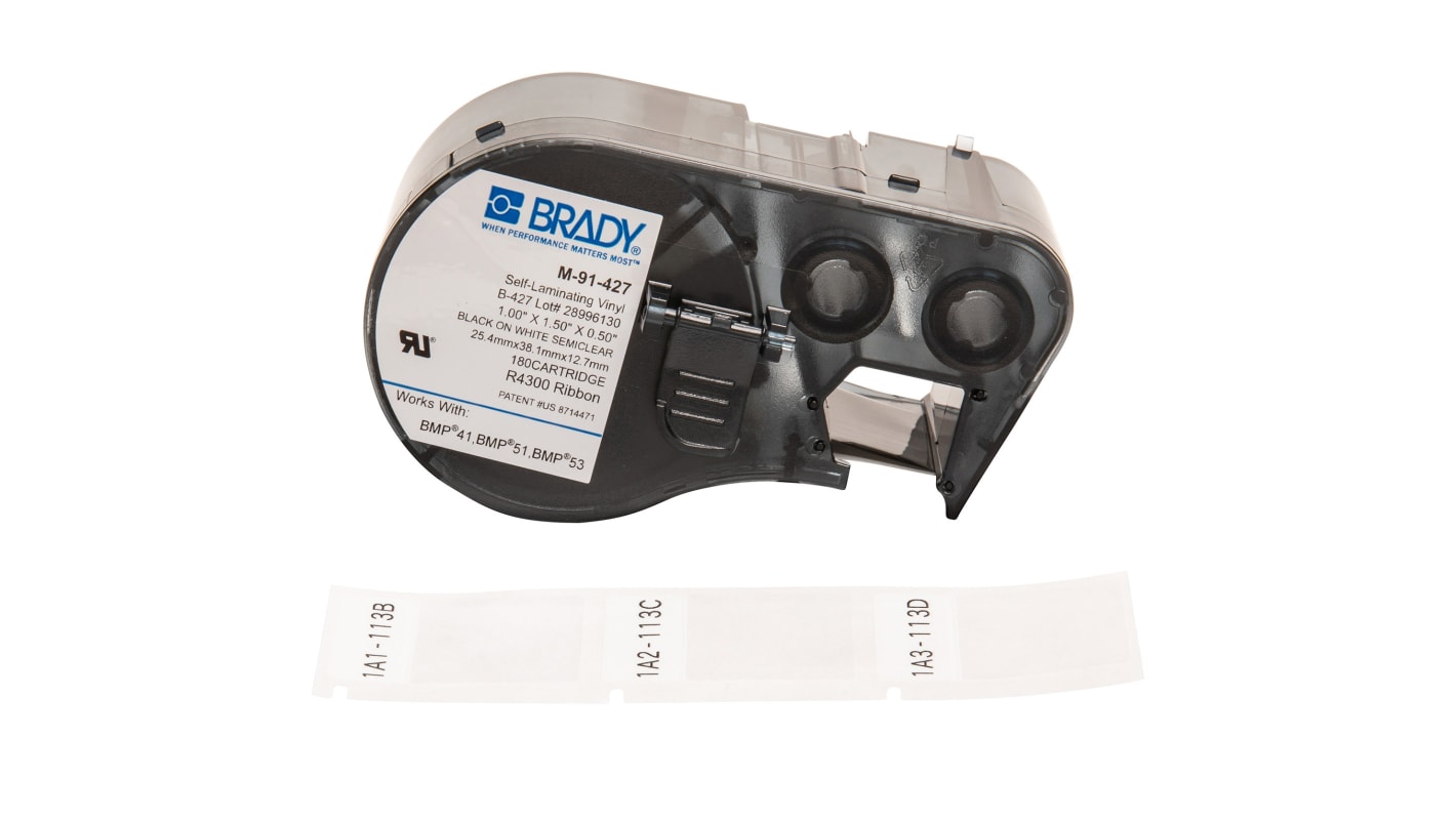 M91427 Brady B427 Selflaminating Vinyl Black on White/Transparent Label Printer Tape, 25.4