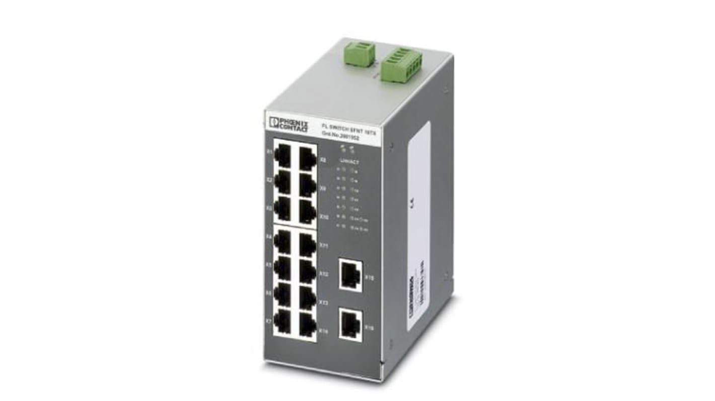 Phoenix ContactFL SWITCH SFNT 16TX Series DIN Rail Mount Ethernet Switch, 16 RJ45 Ports, 100Mbit/s Transmission, 24V dc