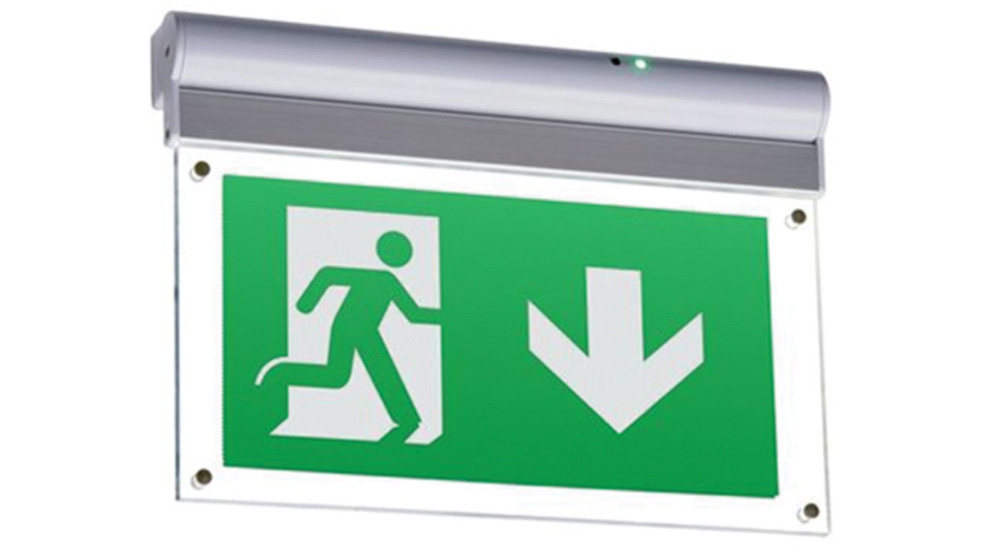 | Señalización de Salida de Emergencia, Flecha Hacia Abajo, 380 mm x 51 mm x 195 mm, Montaje en , Montaje en Techo/Pared